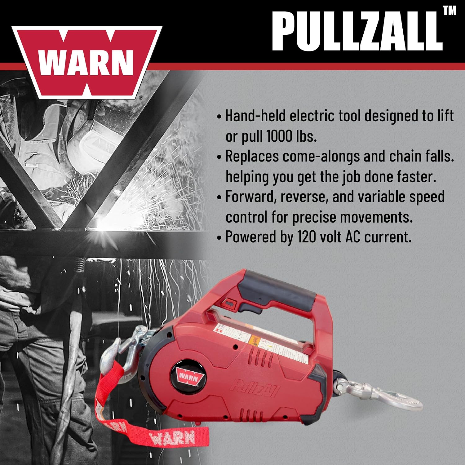رافعة كهربائية WARN PullzAll تعمل بجهد 120 فولت (تيار متردد) وبسعة نصف طن (1000 رطل)